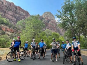 Happy guests posing during Bryce and Zion road bike tour with Escape Adventures