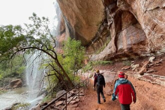 Waterfall viewing on a Zion multi sport tour with Escape Adventures