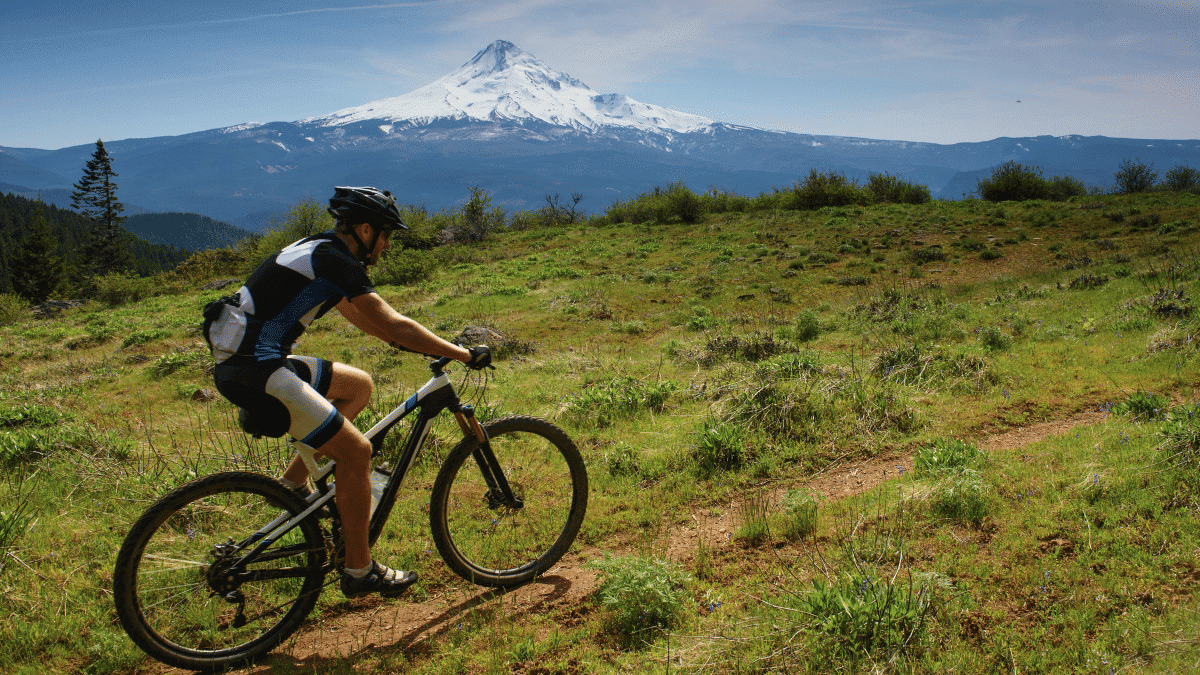 mountain biking Surveyor's Ridge trail, view of Mount Hood